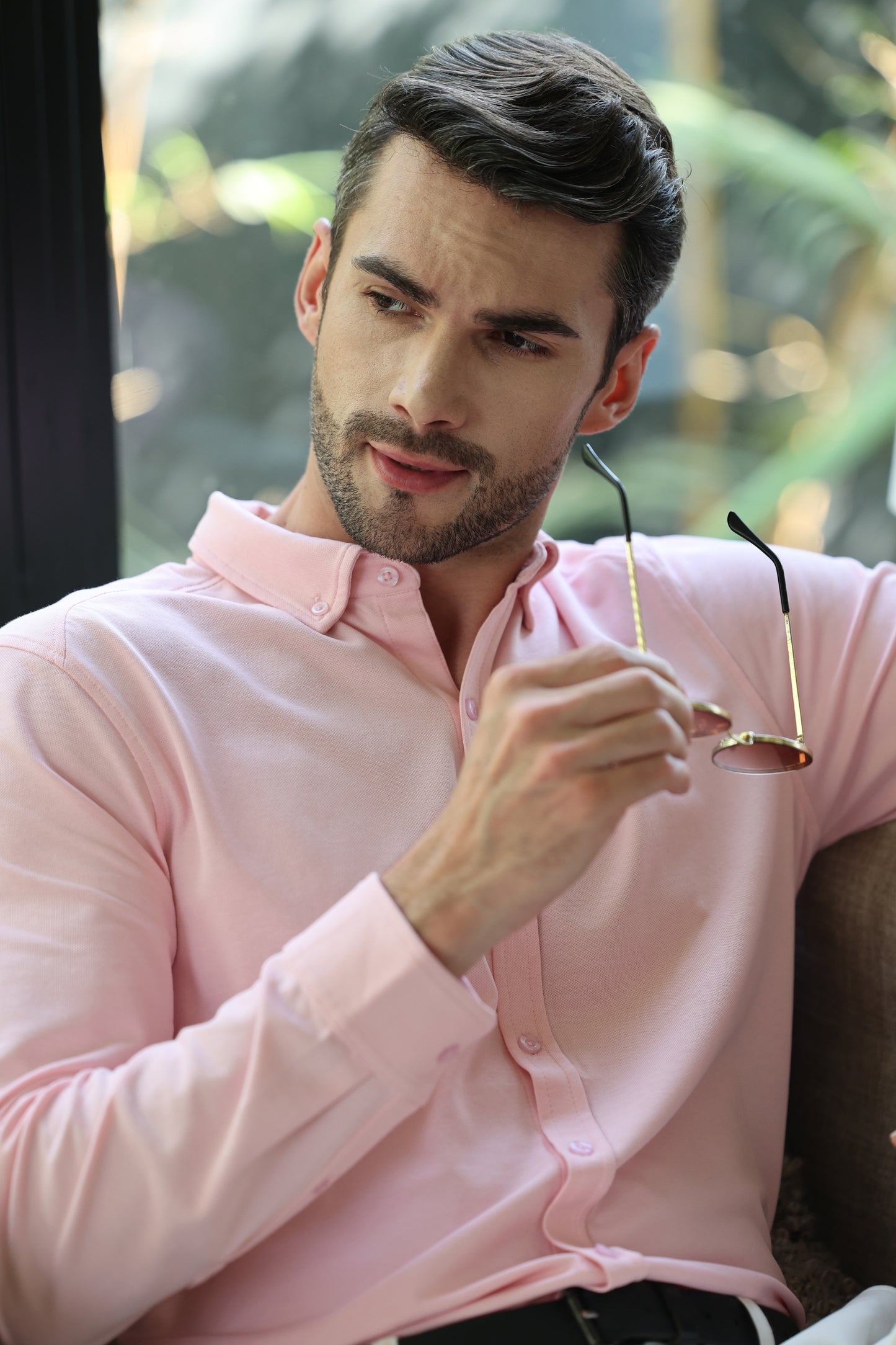 Knitique Men's Oxford Full Sleeve Shirt - Regular Fit Cotton Rich Tri-Blend Fabric - Oyster Powder Pink