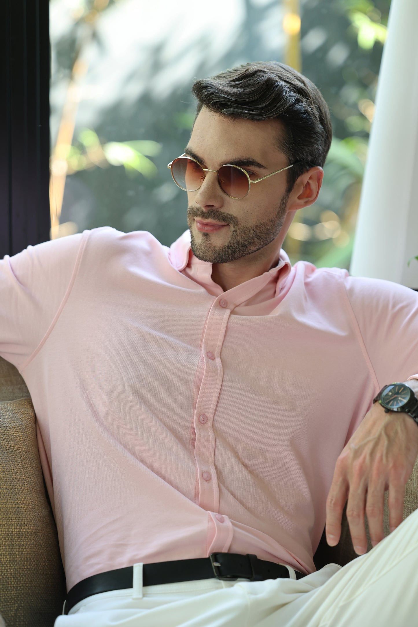 Knitique Men's Oxford Full Sleeve Shirt - Regular Fit Cotton Rich Tri-Blend Fabric - Oyster Powder Pink