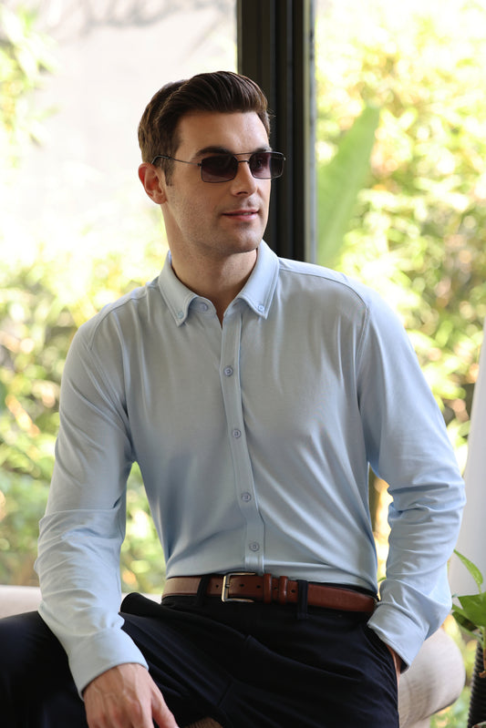 Knitique Men's Oxford Full Sleeve Shirt - Regular Fit Cotton Rich Tri-Blend Fabric - Celeste Powder Blue