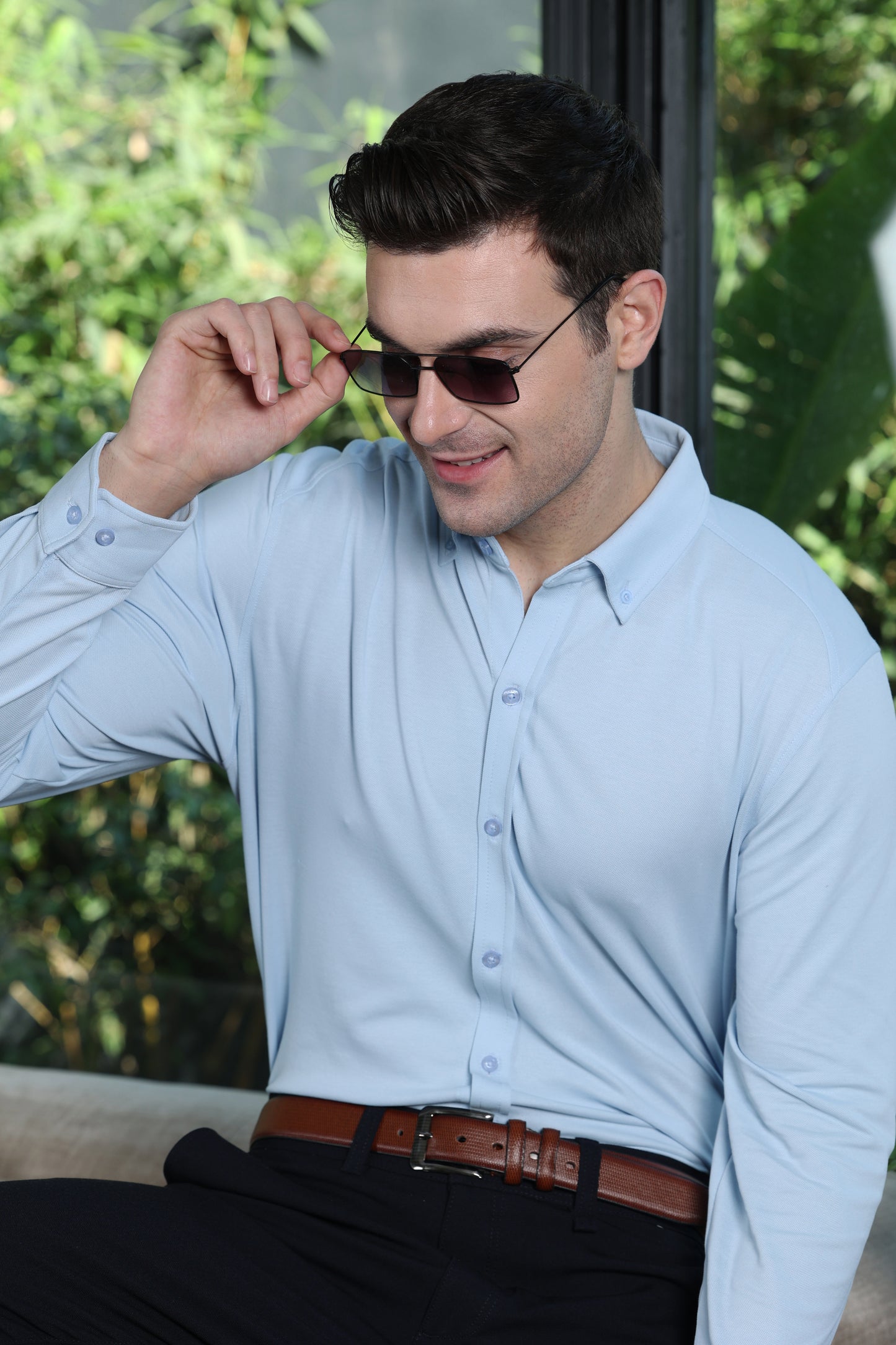 Knitique Men's Oxford Full Sleeve Shirt - Regular Fit Cotton Rich Tri-Blend Fabric - Celeste Powder Blue