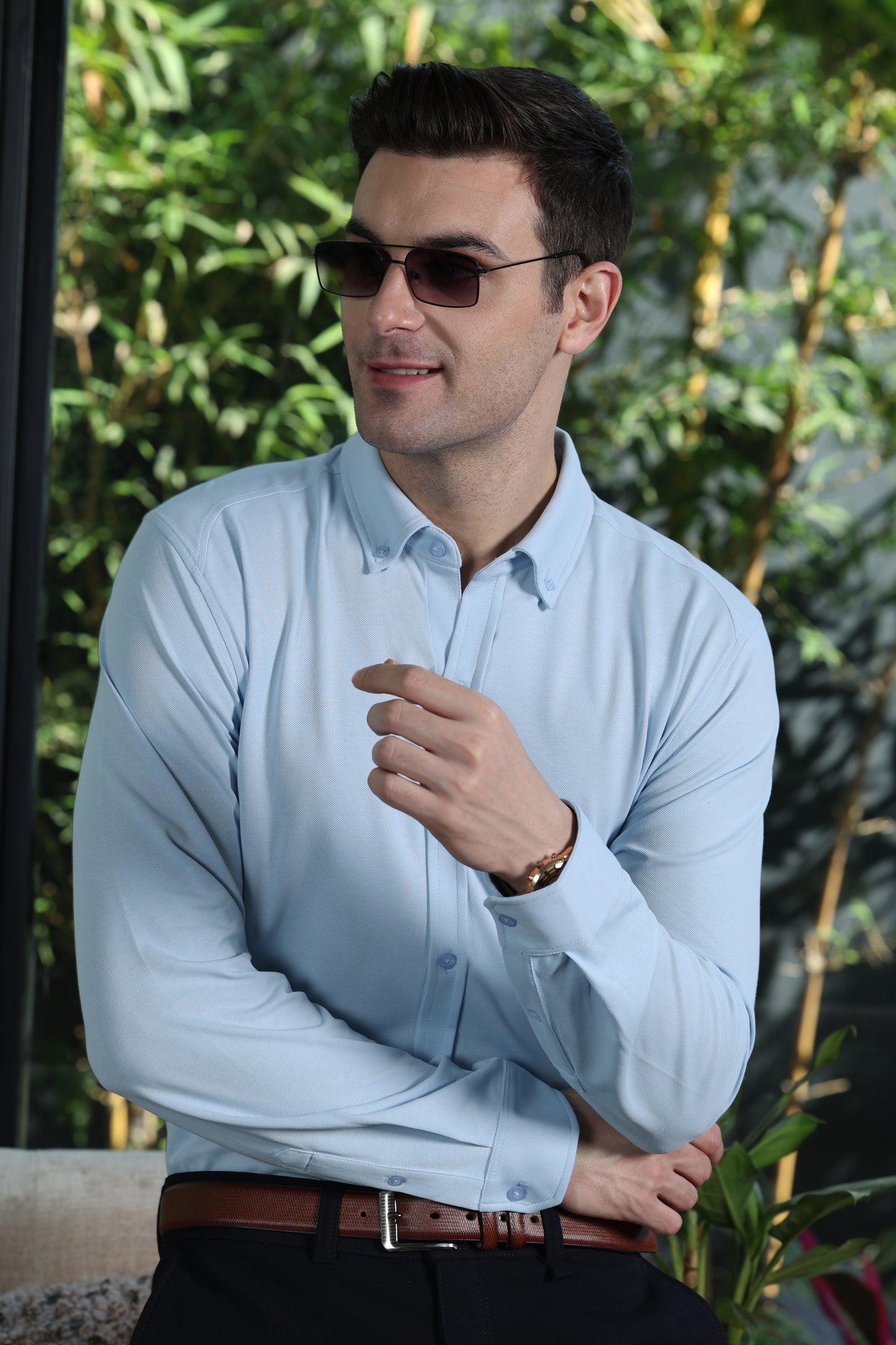 Knitique Men's Oxford Full Sleeve Shirt - Regular Fit Cotton Rich Tri-Blend Fabric - Celeste Powder Blue