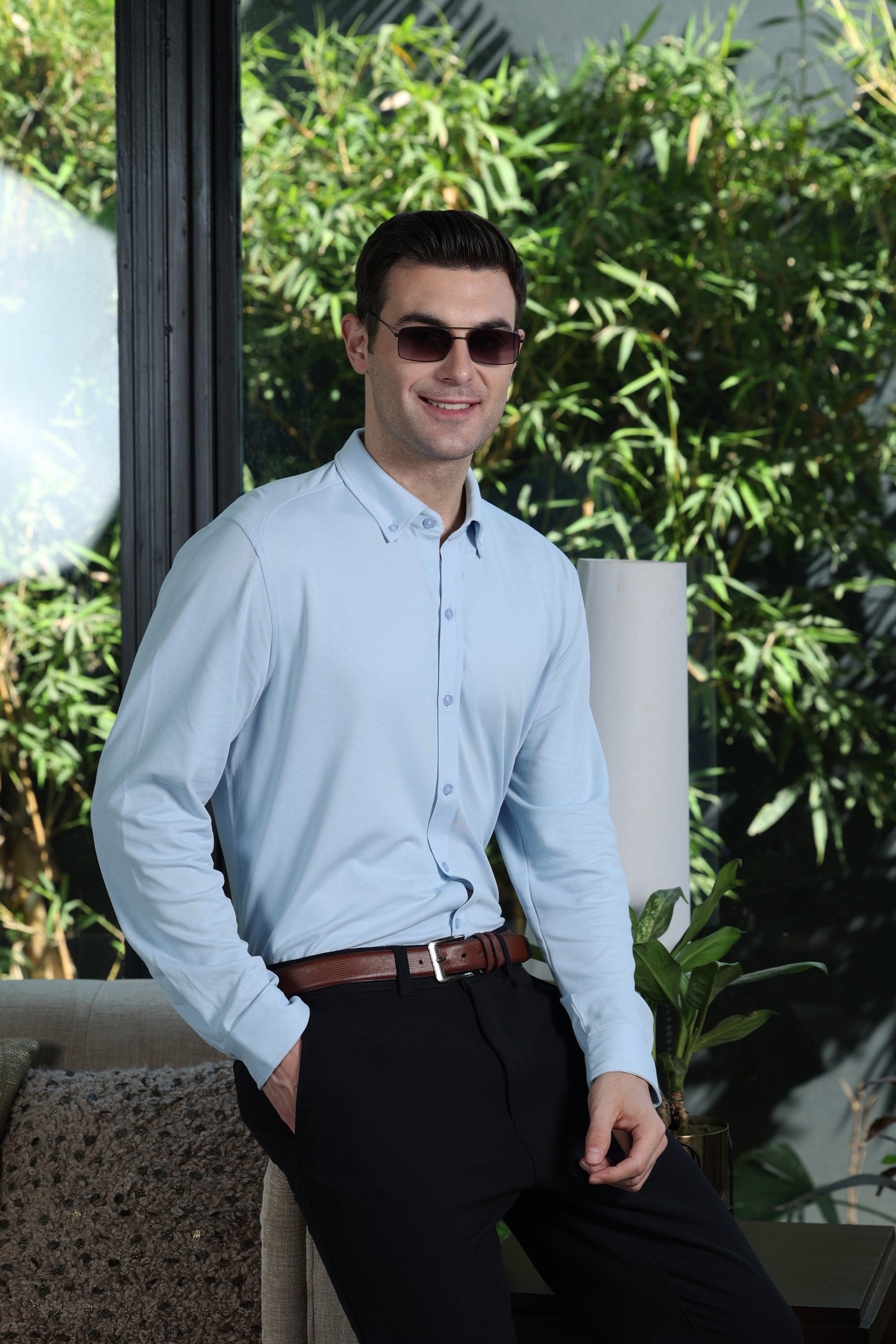 Knitique Men's Oxford Full Sleeve Shirt - Regular Fit Cotton Rich Tri-Blend Fabric - Celeste Powder Blue