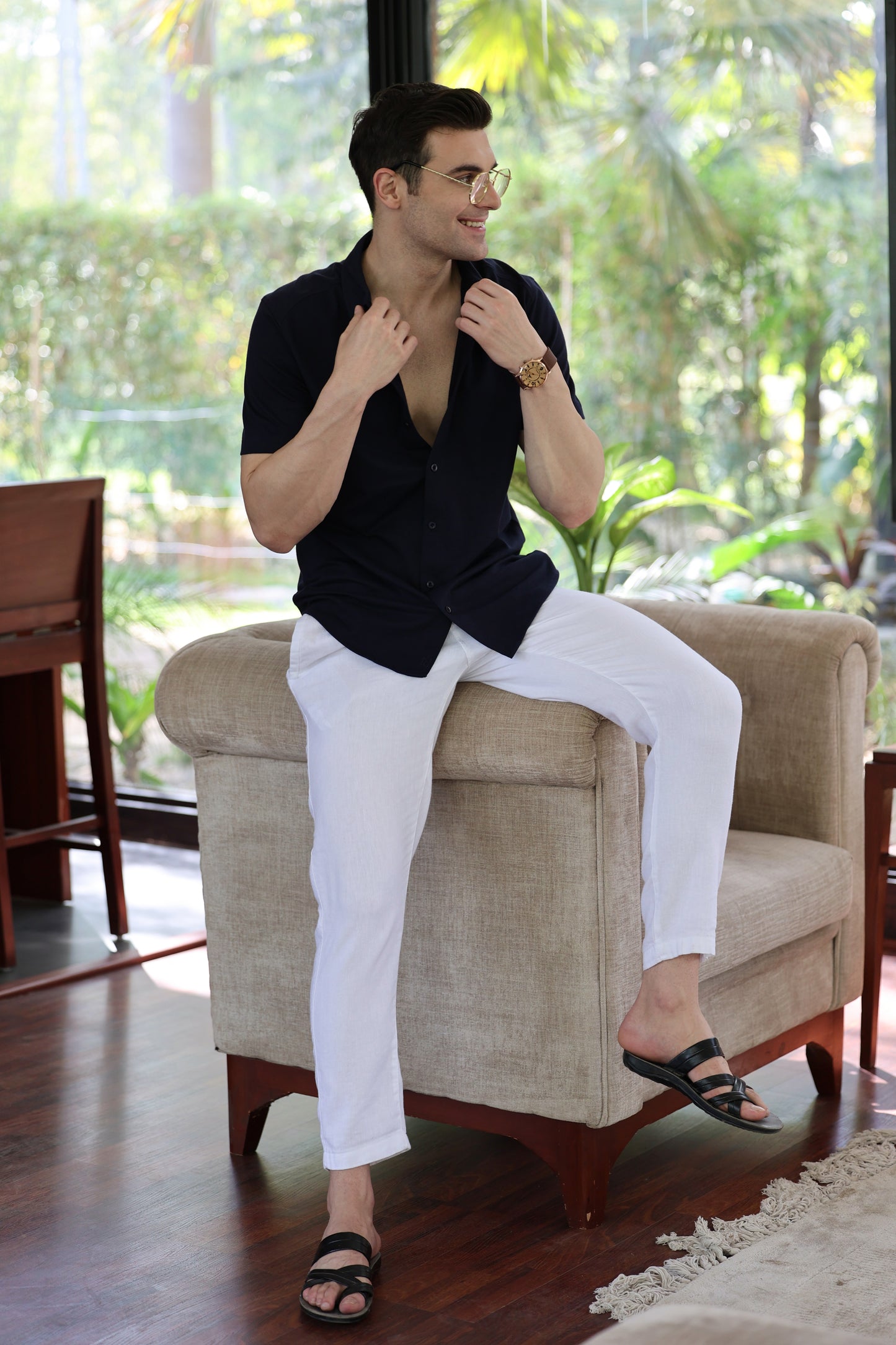 Knitique Men's All Day Half Sleeve Shirt - Regular Fit Cotton Rich Tri-Blend Fabric - Midnight Navy