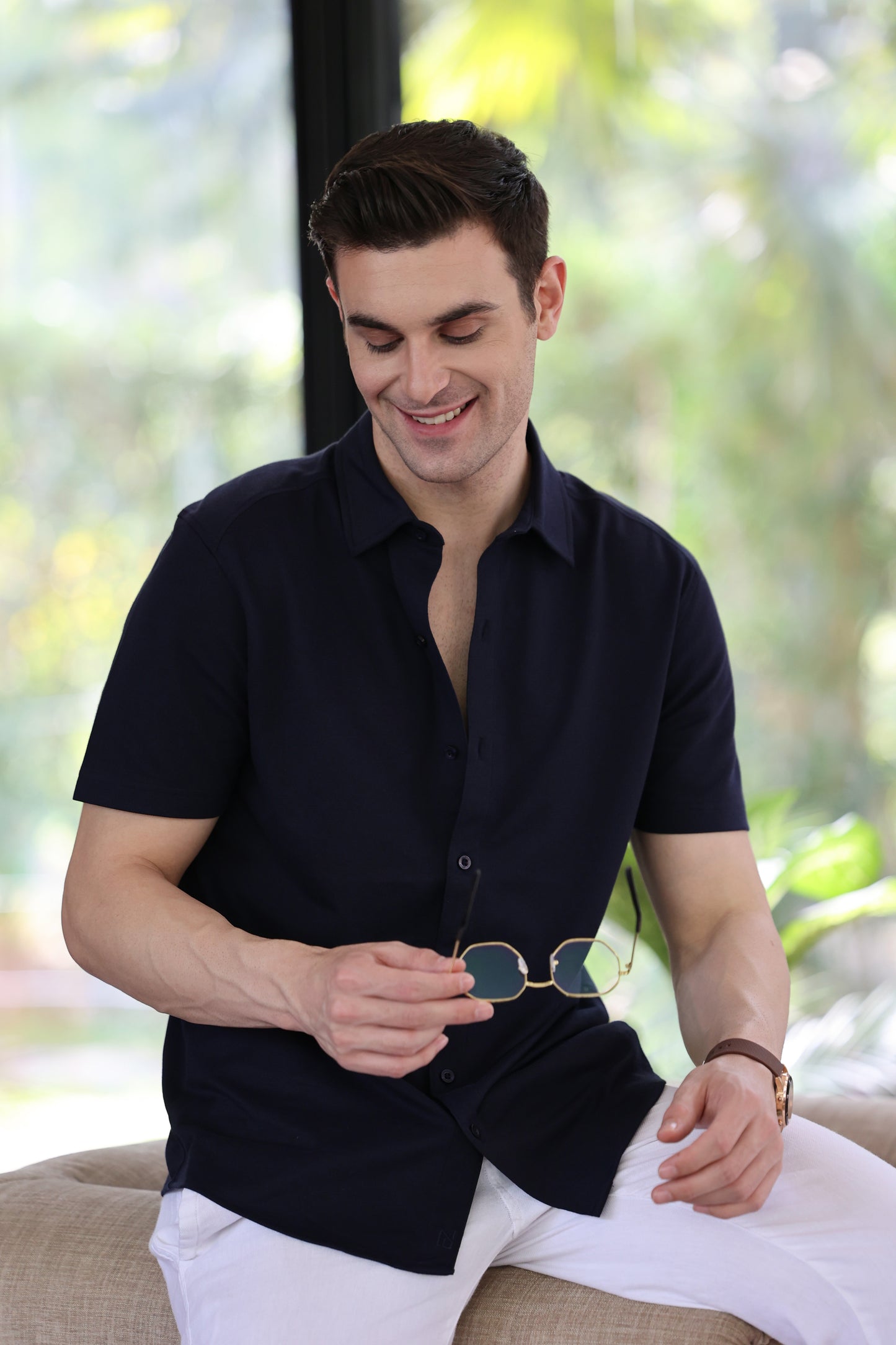 Knitique Men's All Day Half Sleeve Shirt - Regular Fit Cotton Rich Tri-Blend Fabric - Midnight Navy