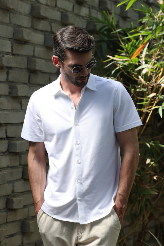 Knitique Men's All Day Half Sleeve Shirt - Regular Fit Cotton Rich Tri-Blend Fabric - Porcelain White