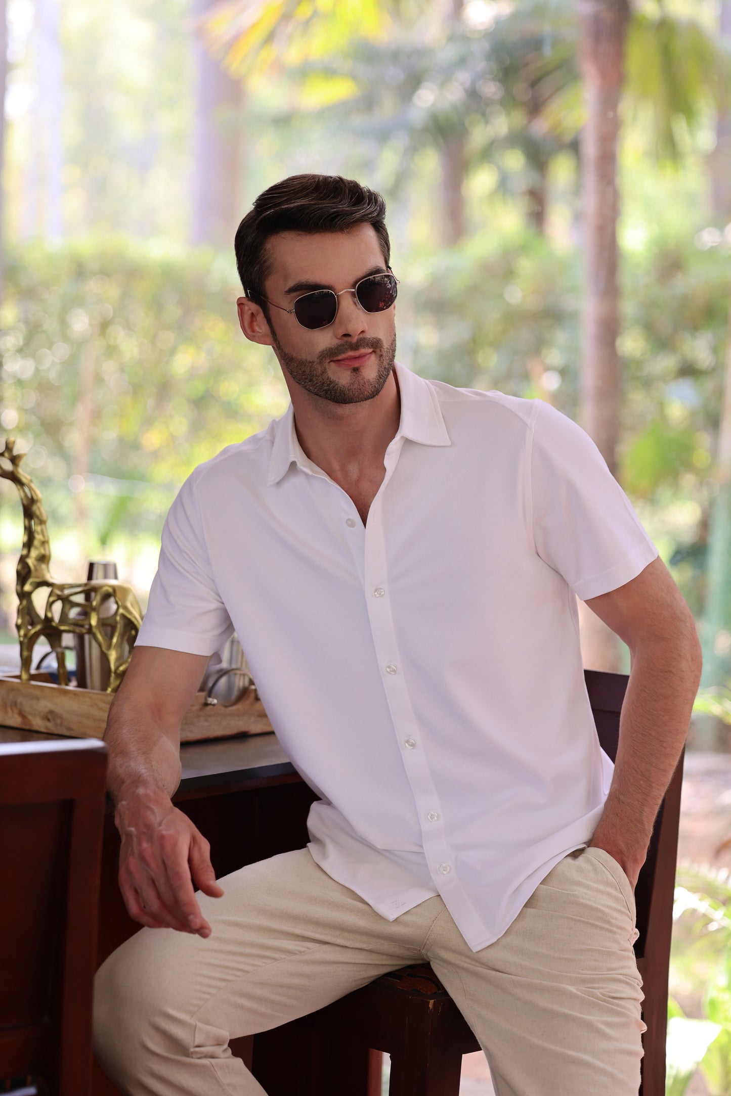 Knitique Men's All Day Half Sleeve Shirt - Regular Fit Cotton Rich Tri-Blend Fabric - Porcelain White