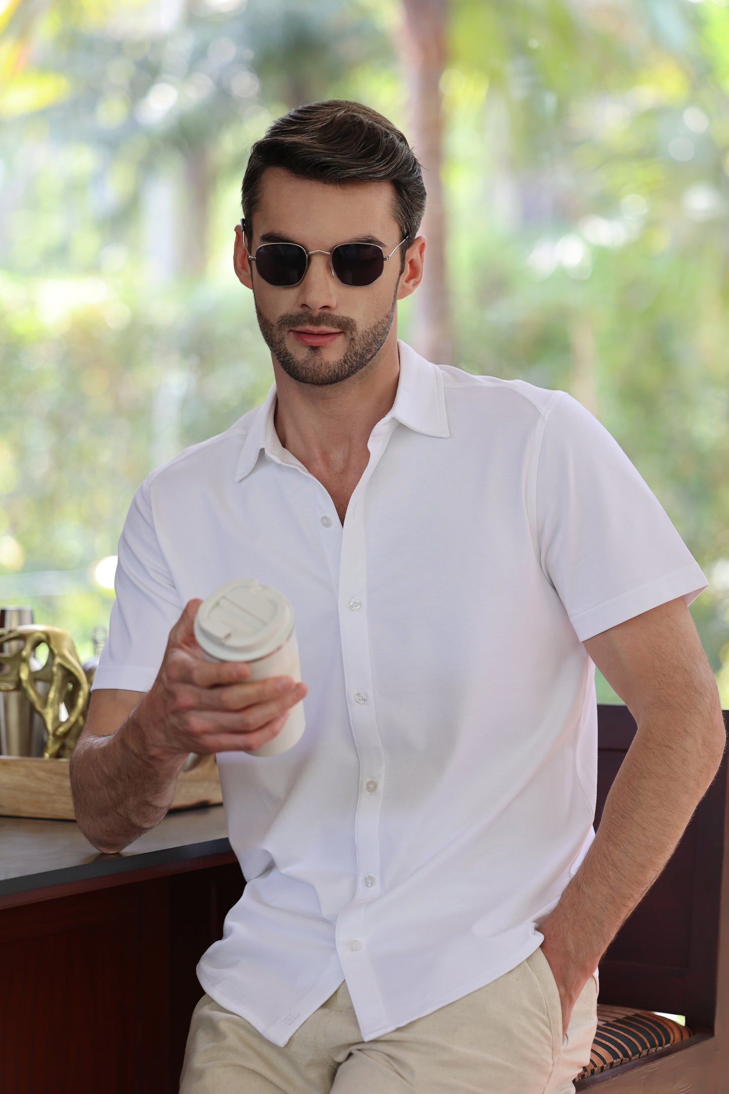 Knitique Men's All Day Half Sleeve Shirt - Regular Fit Cotton Rich Tri-Blend Fabric - Porcelain White