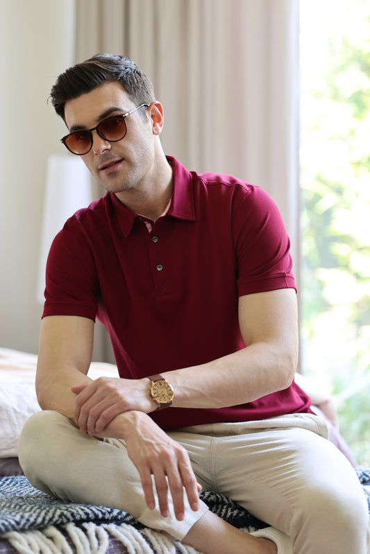 Knitique Men's Luxury Polo T-Shirt - Regular Fit Cotton Rich Tri-Blend Fabric - Bordeaux Maroon