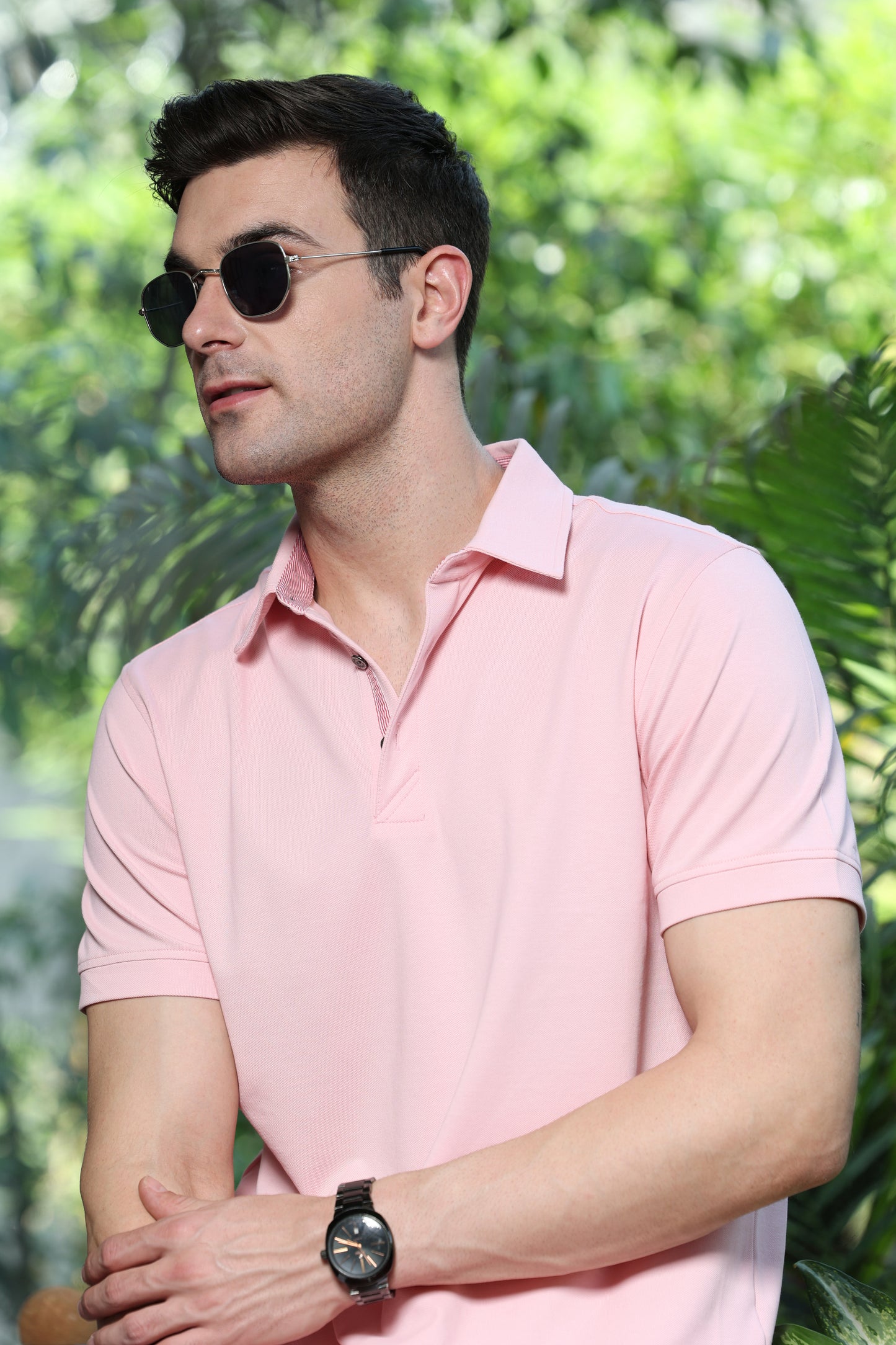 Knitique Men's Luxury Polo T-Shirt - Regular Fit Cotton Rich Tri-Blend Fabric - Oyster Powder Pink
