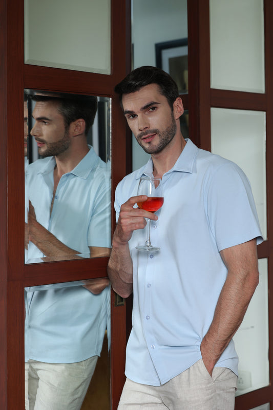 Knitique Men's All Day Half Sleeve Shirt - Regular Fit Cotton Rich Tri-Blend Fabric - Celeste Powder Blue