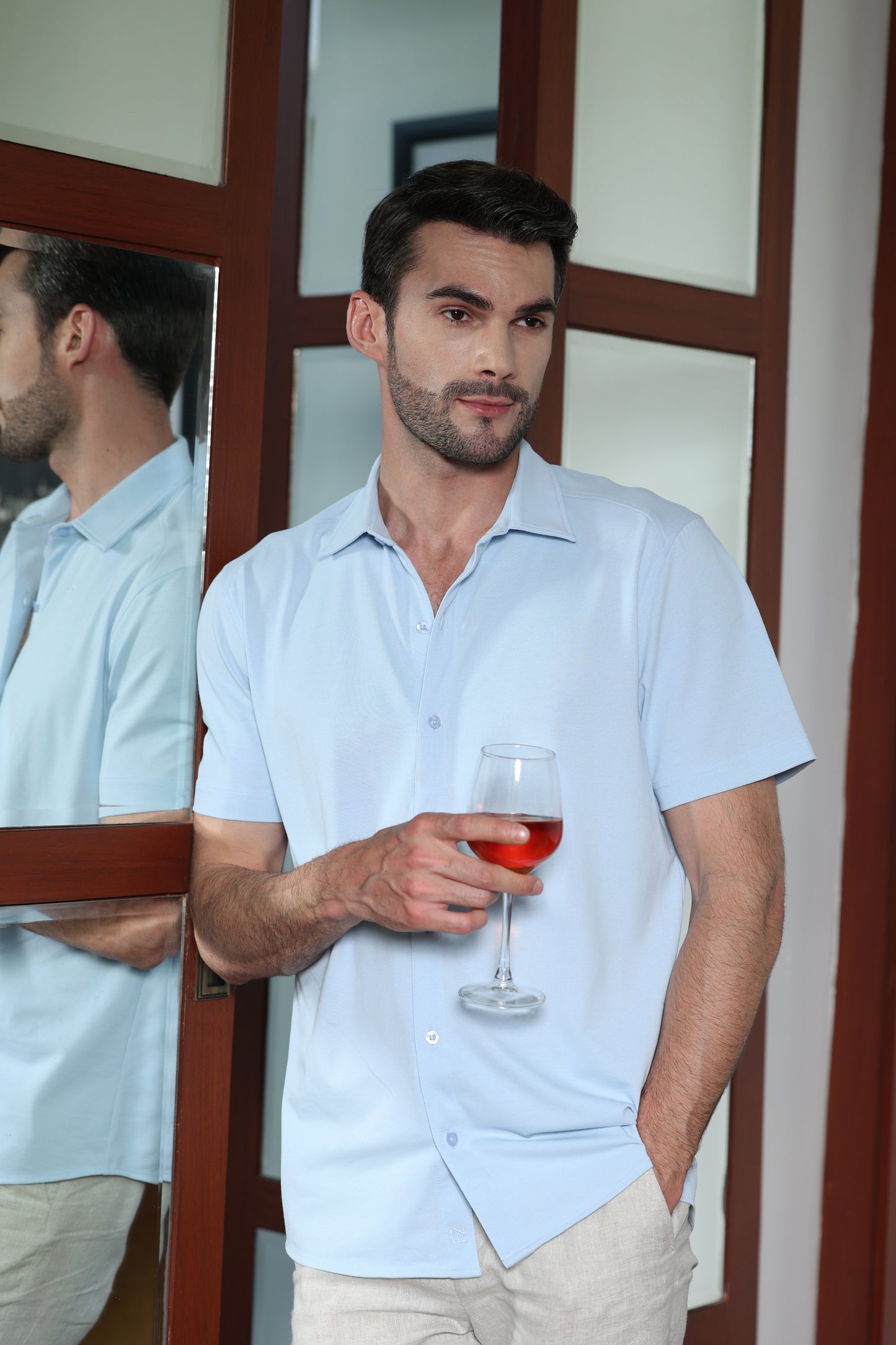 Knitique Men's All Day Half Sleeve Shirt - Regular Fit Cotton Rich Tri-Blend Fabric - Celeste Powder Blue