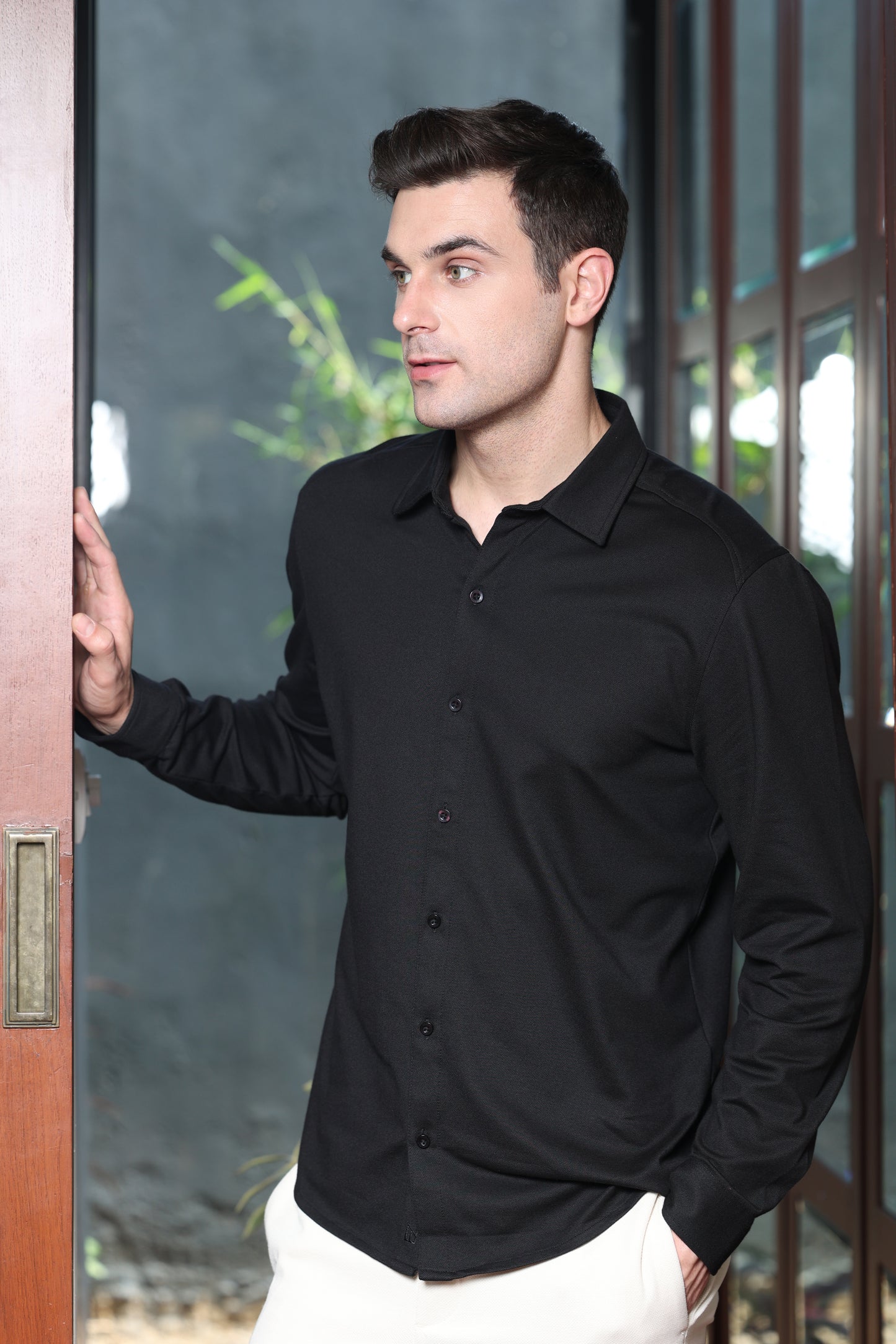 Knitique Men's All Day Full Sleeve Shirt - Regular Fit Cotton Rich Tri-Blend Fabric - Ebony Black