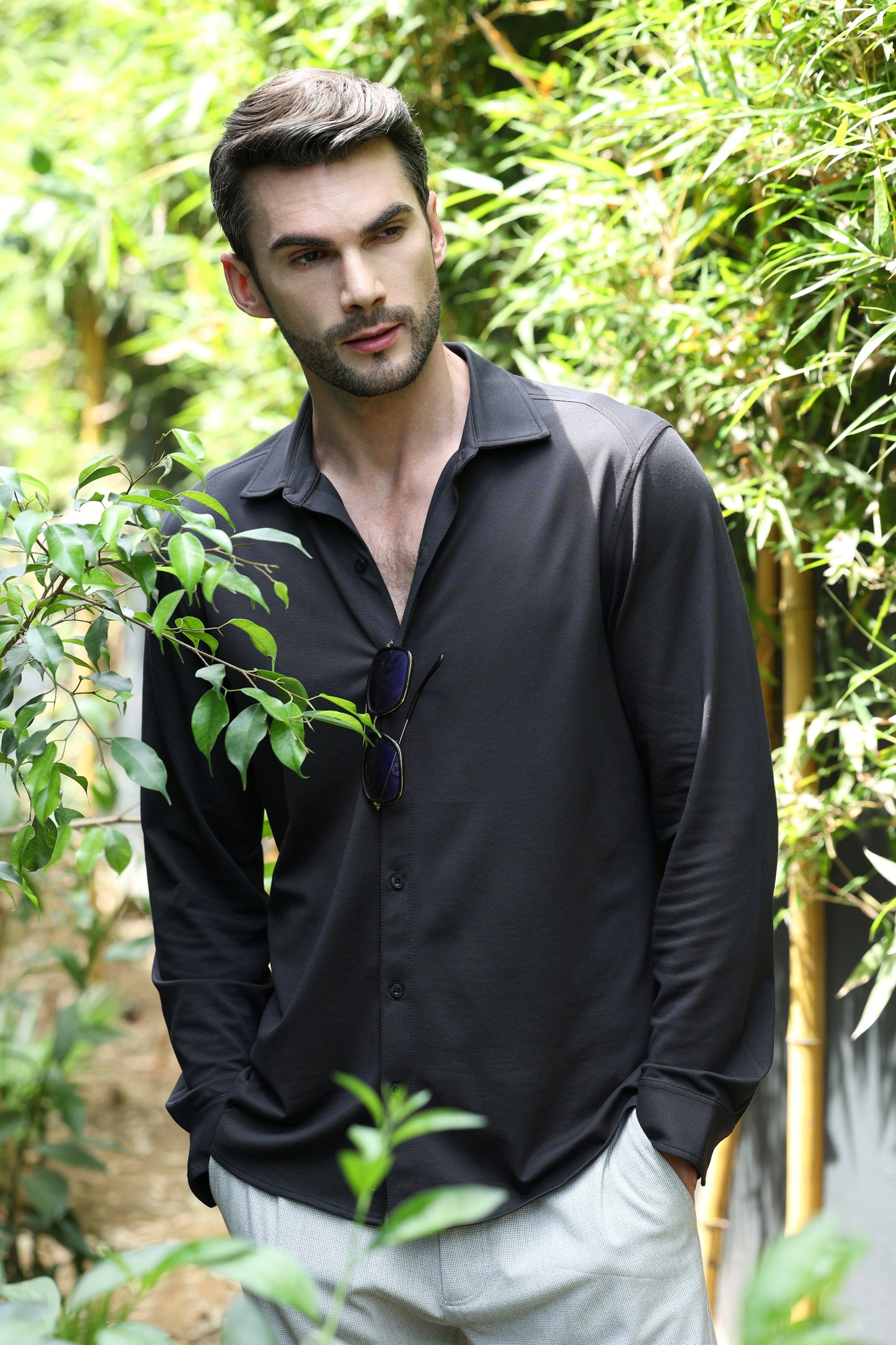 Knitique Men's All Day Full Sleeve Shirt - Regular Fit Cotton Rich Tri-Blend Fabric - Fossil Grey