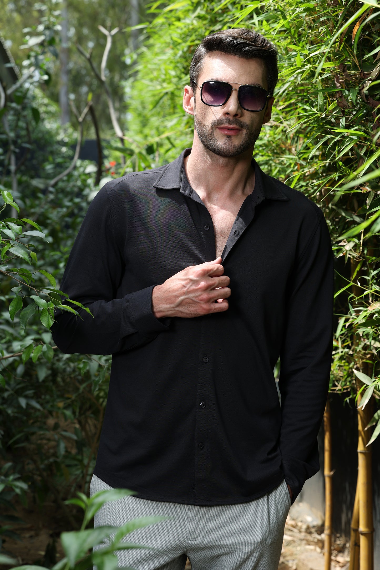 Knitique Men's All Day Full Sleeve Shirt - Regular Fit Cotton Rich Tri-Blend Fabric - Fossil Grey