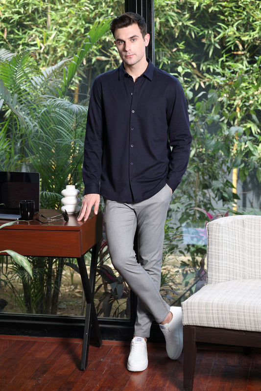 Knitique Men's All Day Full Sleeve Shirt - Regular Fit Cotton Rich Tri-Blend Fabric - Midnight Navy