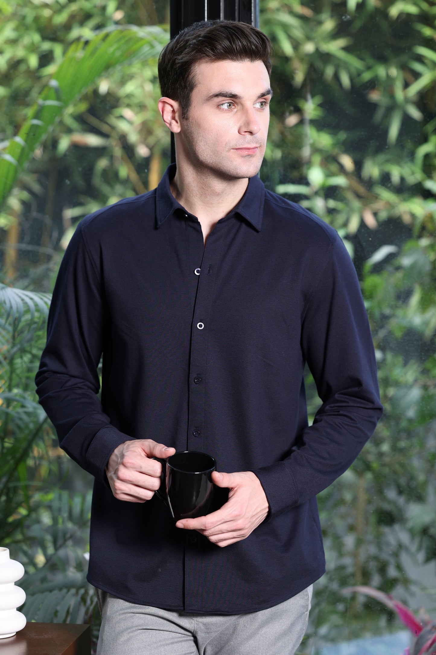 Knitique Men's All Day Full Sleeve Shirt - Regular Fit Cotton Rich Tri-Blend Fabric - Midnight Navy