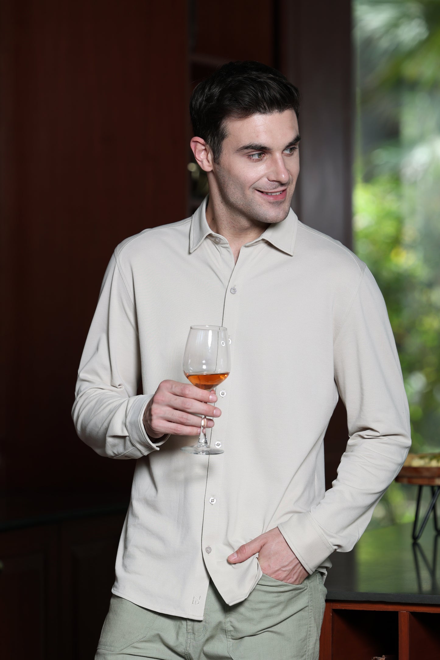 Knitique Men's All Day Full Sleeve Shirt - Regular Fit Cotton Rich Tri-Blend Fabric - Bisque Sand