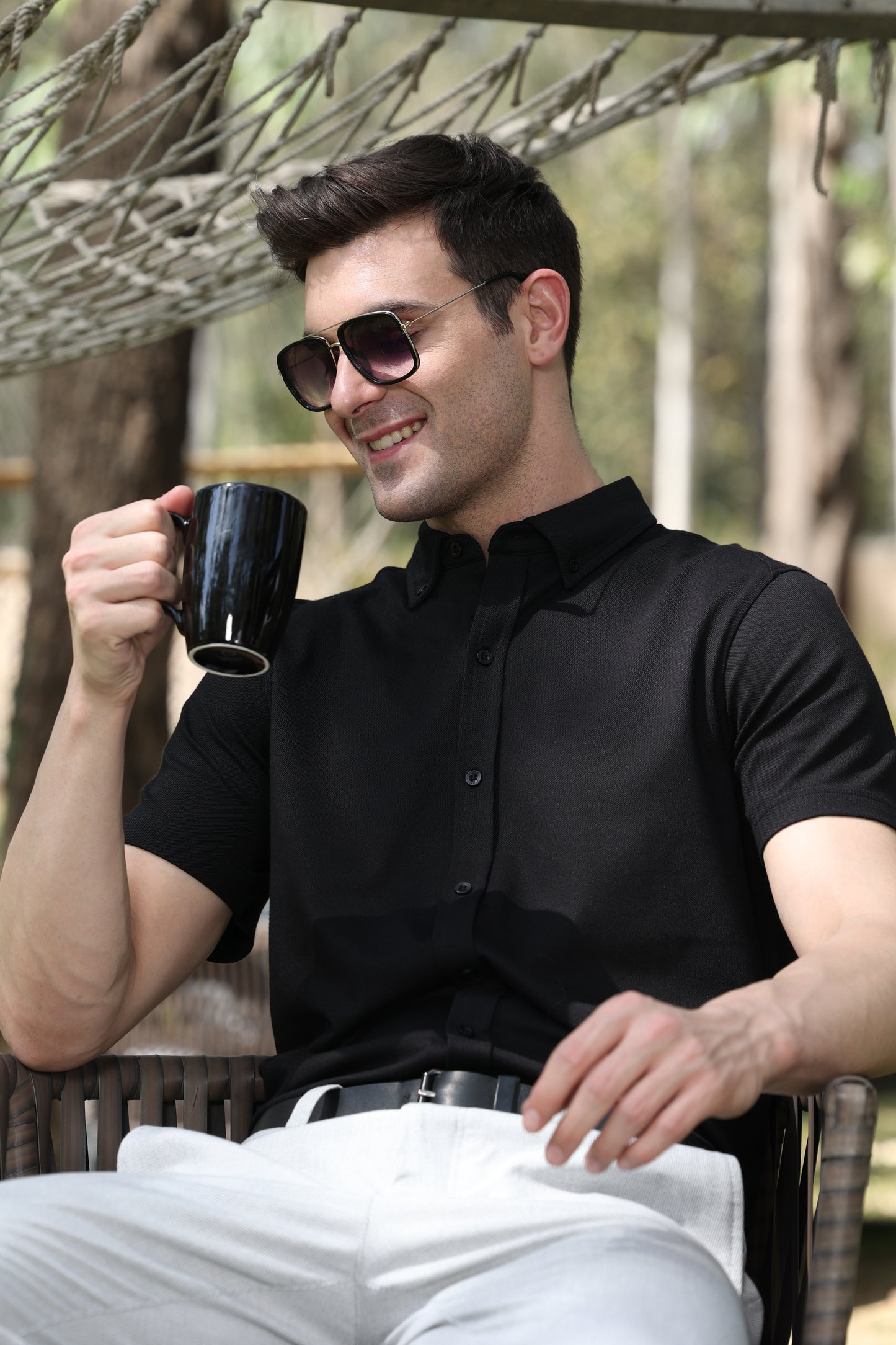 Knitique Men's Oxford Half Sleeve Shirt - Regular Fit Cotton Rich Tri-Blend Fabric - Ebony Black