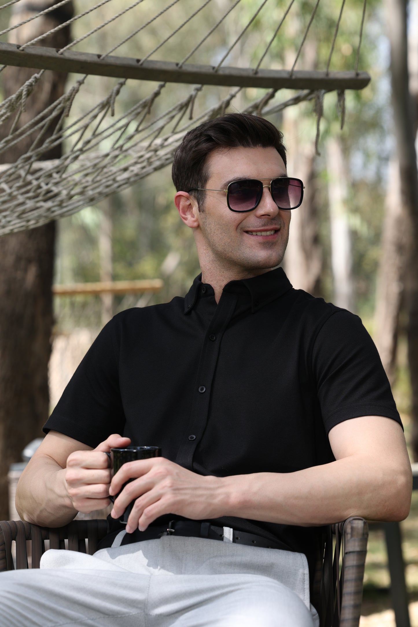 Knitique Men's Oxford Half Sleeve Shirt - Regular Fit Cotton Rich Tri-Blend Fabric - Ebony Black