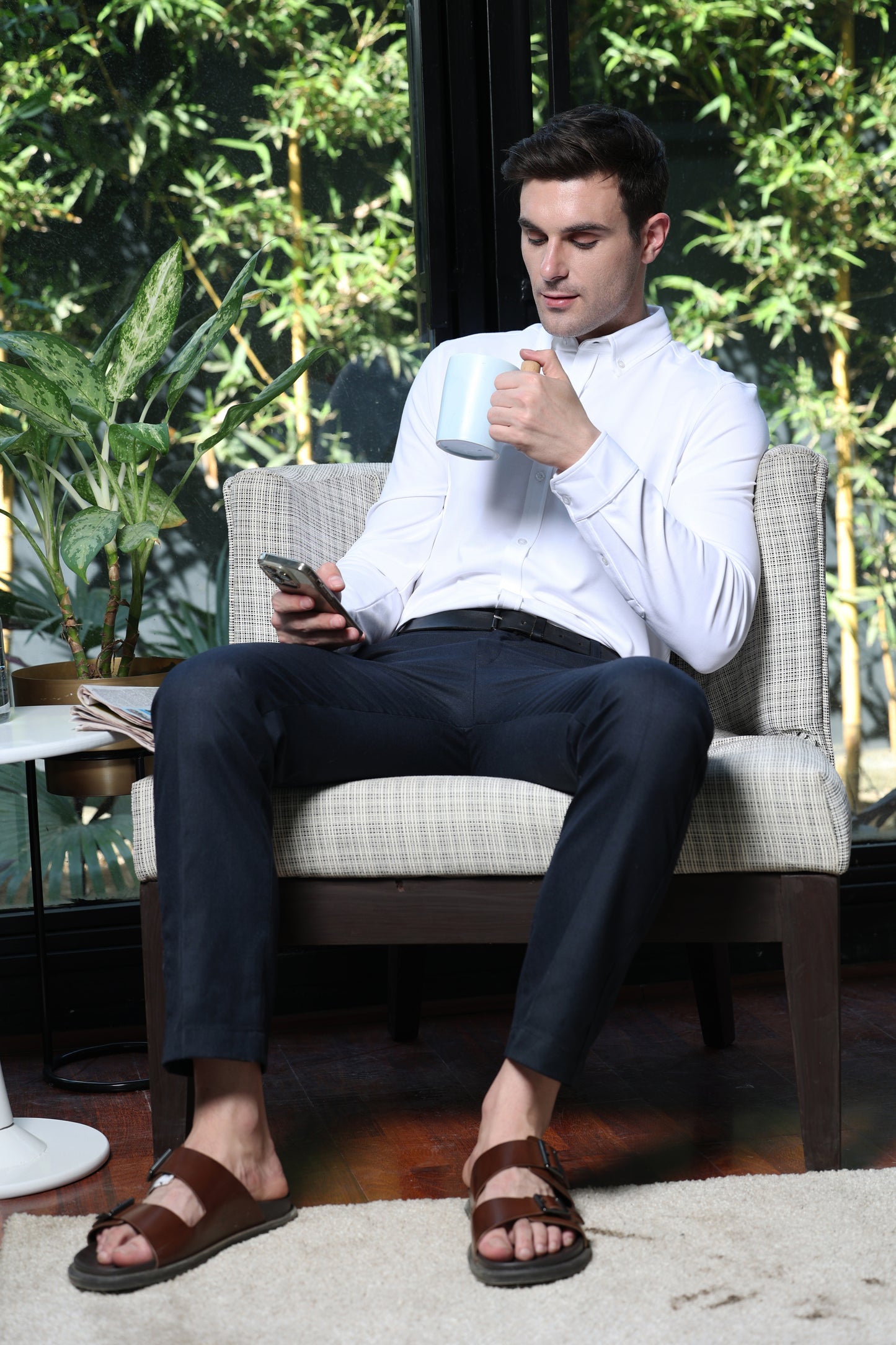 Knitique Men's Oxford Full Sleeve Shirt - Regular Fit Cotton Rich Tri-Blend Fabric - Porcelain White