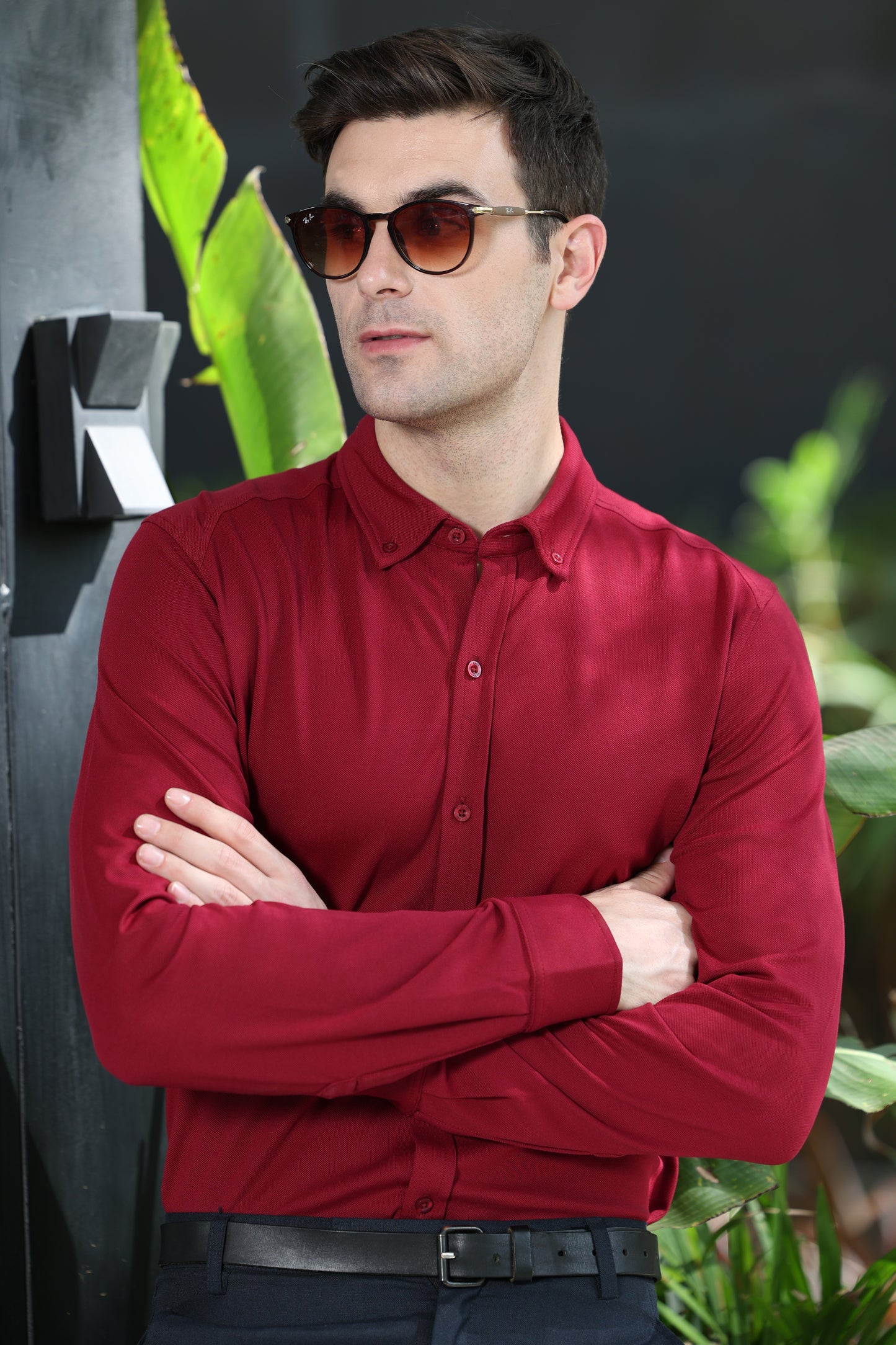 Knitique Men's Oxford Full Sleeve Shirt - Regular Fit Cotton Rich Tri-Blend Fabric - Bordeaux Maroon