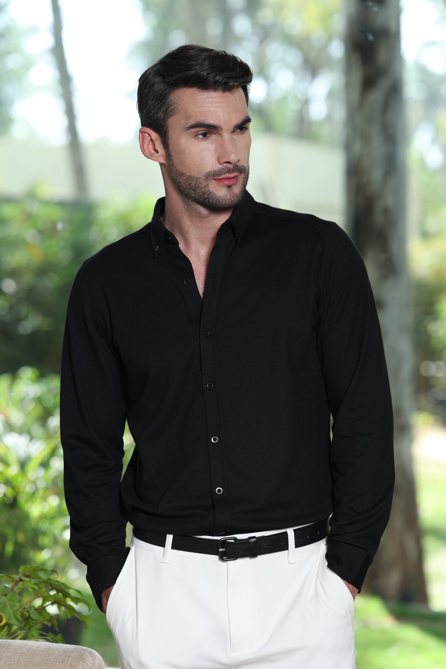 Knitique Men's Oxford Full Sleeve Shirt - Regular Fit Cotton Rich Tri-Blend Fabric - Ebony Black