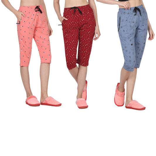 Eazy Women's Printed Capri Pants- Pack of 3- Blush, Cherry Red & Steel Blue