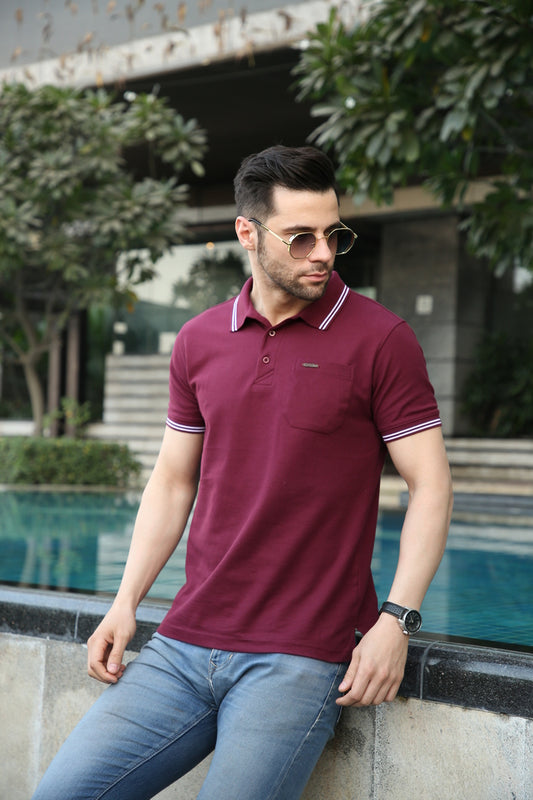 Men's Special Pocket Polo T-Shirt - Regular Fit Rich Cotton Blend - Wine