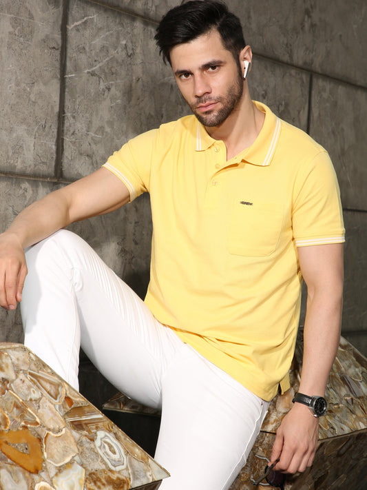 Men's Special Pocket Polo T-Shirt - Regular Fit Rich Cotton Blend - Lemon Yellow