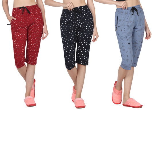 Eazy Women's Printed Capri Pants- Pack of 3- Cherry Red , Navy Blue & Steel Blue