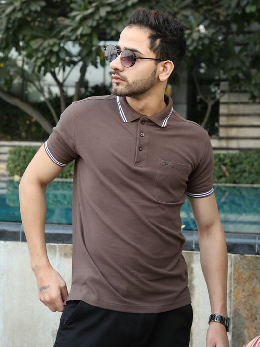 Men's Special Pocket Polo T-Shirt - Regular Fit Rich Cotton Blend - Tan Brown