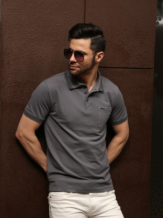 Men's Special Pocket Polo T-Shirt - Regular Fit Rich Cotton Blend - Grey