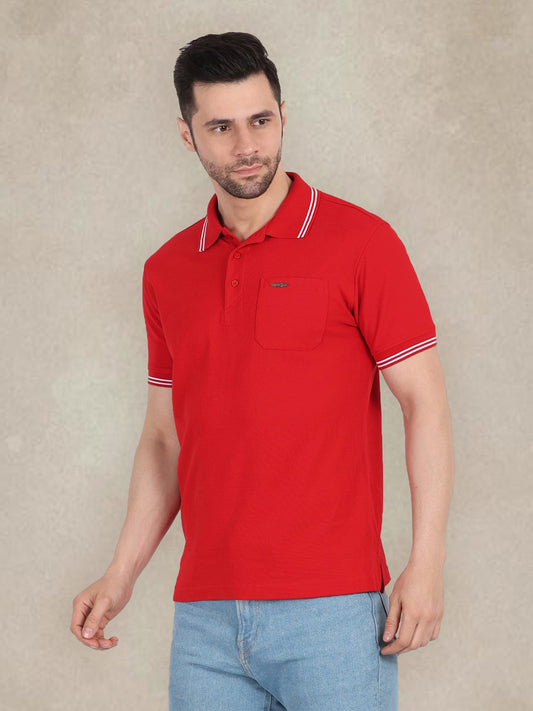 Men's Special Pocket Polo T-Shirt - Regular Fit Rich Cotton Blend - Bright Red