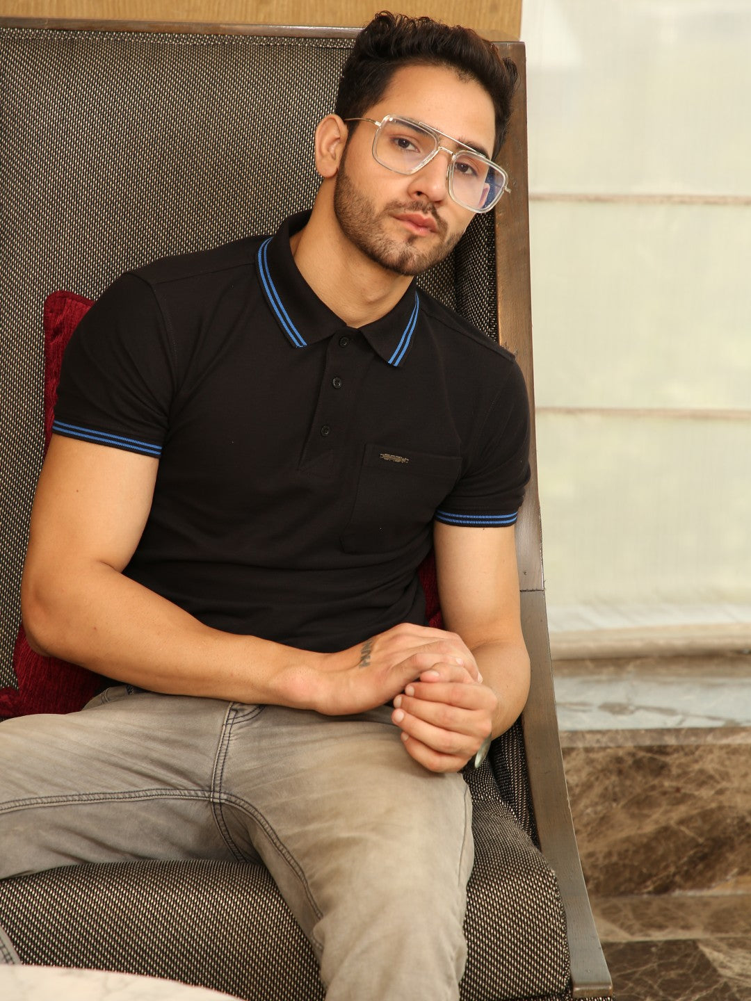 Men's Special Pocket Polo T-Shirt - Regular Fit Rich Cotton Blend - Black