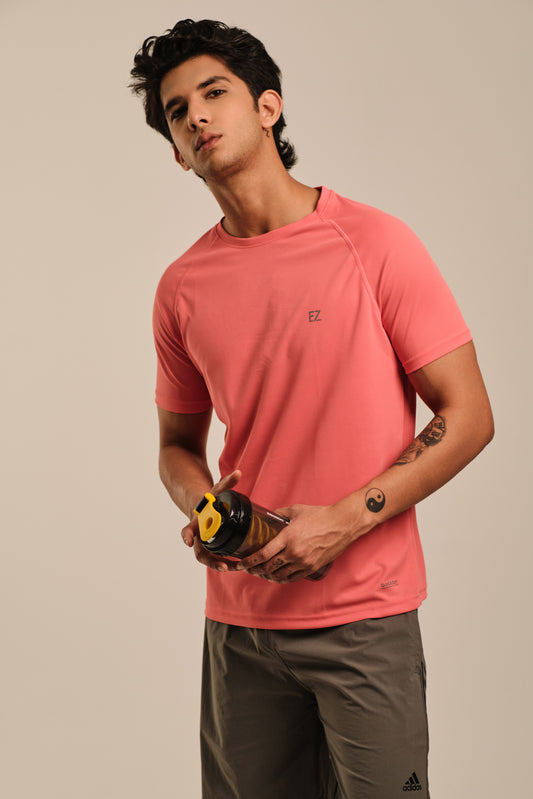 Men's Round Neck Quick Dry T-shirt - Regular Fit Micro Polyester - Sunset Coral