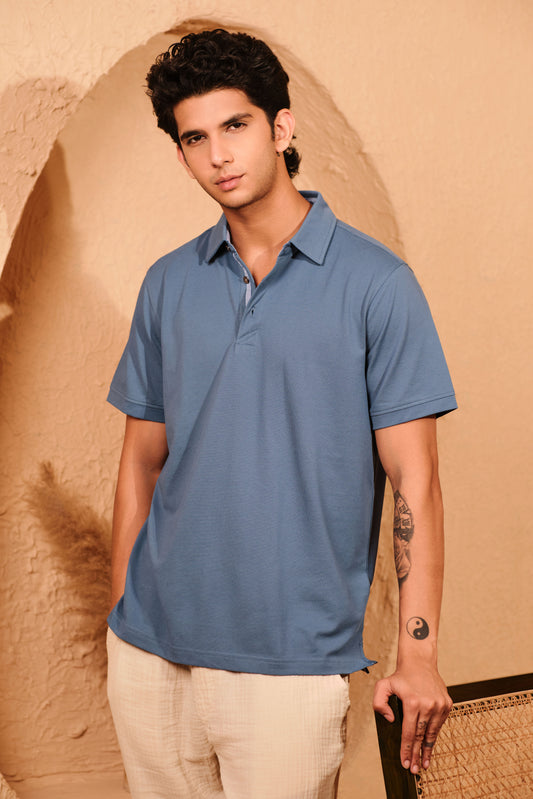 Knitique Men's Luxury Polo T-Shirt - Regular Fit Cotton Rich Tri-Blend Fabric - Moonlight Blue