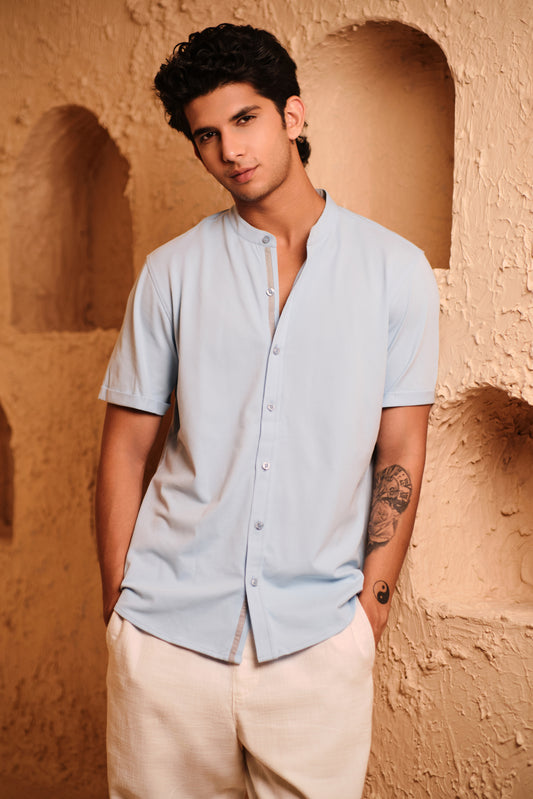 Knitique Men's Mandarin Half Sleeve Shirt - Regular Fit Cotton Rich Tri-Blend Fabric - Celeste Powder Blue