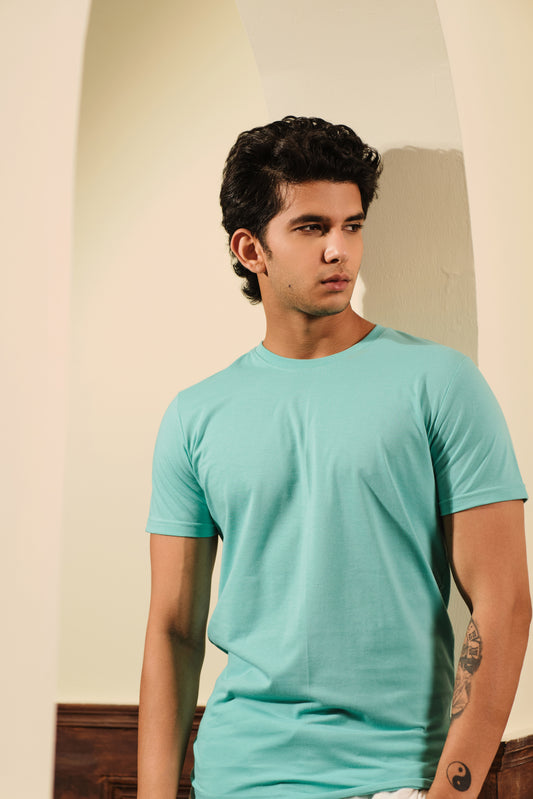 Men's Round Neck Solid T-Shirt - Regular Fit Rich Cotton - Aqua Mist