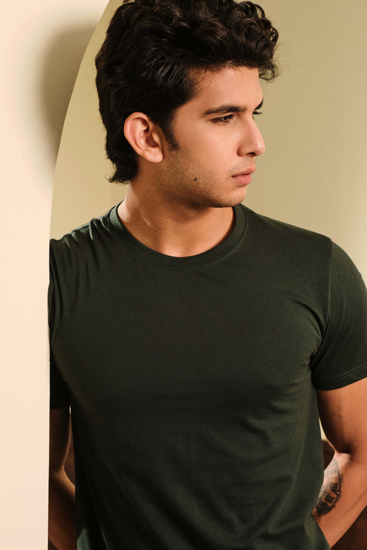 Men's Round Neck Solid T-Shirt - Regular Fit Rich Cotton - Botanic Green