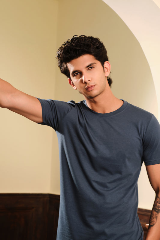 Men's Round Neck Solid T-Shirt - Regular Fit Rich Cotton - Aero Blue
