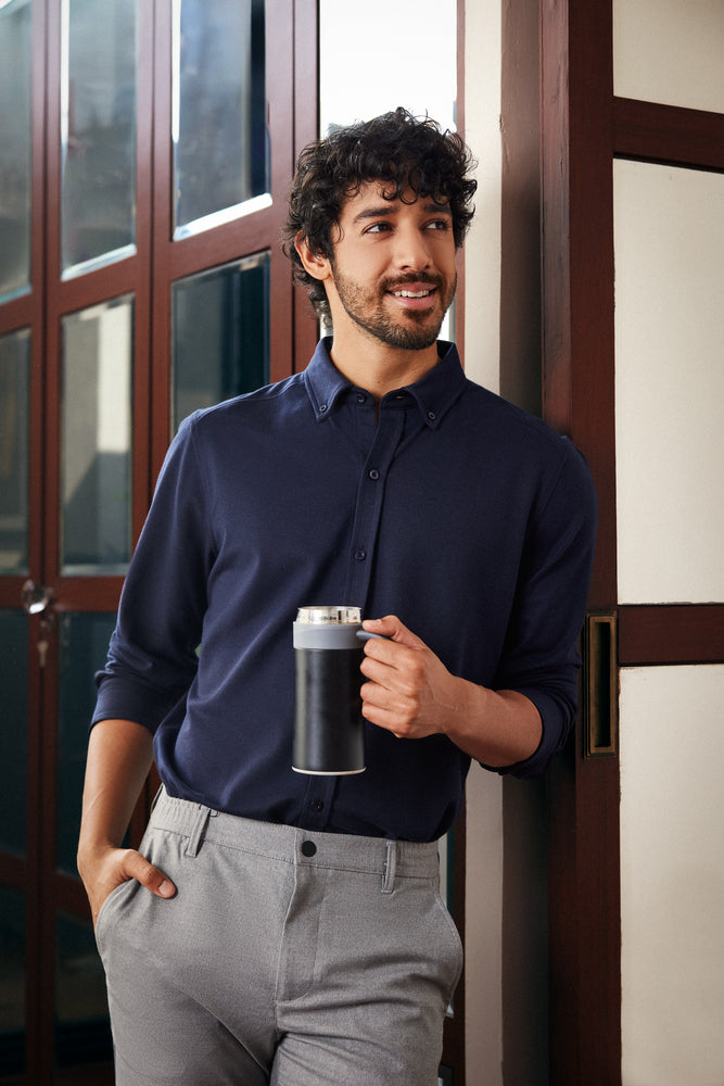 Knitique Men's Oxford Full Sleeve Shirt - Regular Fit Cotton Rich Tri-Blend Fabric - Midnight Navy