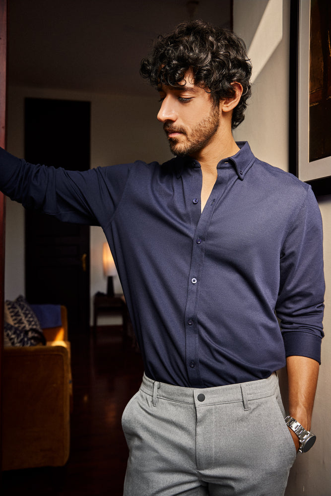 Knitique Men's Oxford Full Sleeve Shirt - Regular Fit Cotton Rich Tri-Blend Fabric - Midnight Navy