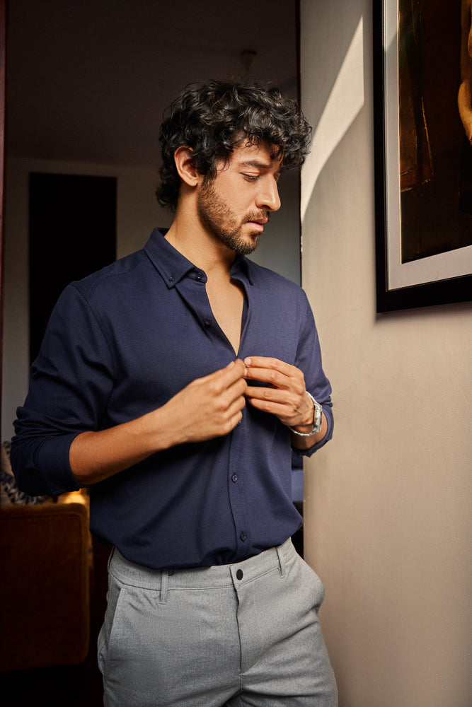 Knitique Men's Oxford Full Sleeve Shirt - Regular Fit Cotton Rich Tri-Blend Fabric - Midnight Navy