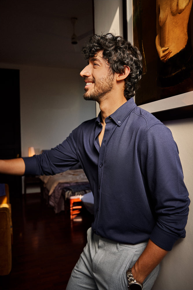 Knitique Men's Oxford Full Sleeve Shirt - Regular Fit Cotton Rich Tri-Blend Fabric - Midnight Navy