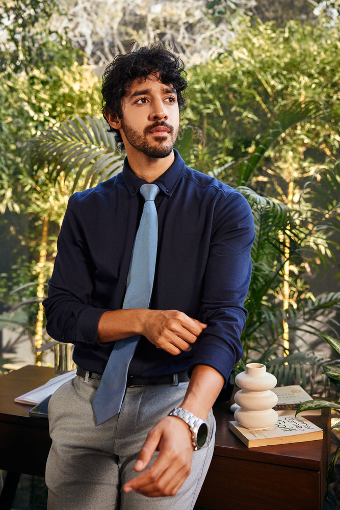 Knitique Men's Oxford Full Sleeve Shirt - Regular Fit Cotton Rich Tri-Blend Fabric - Midnight Navy