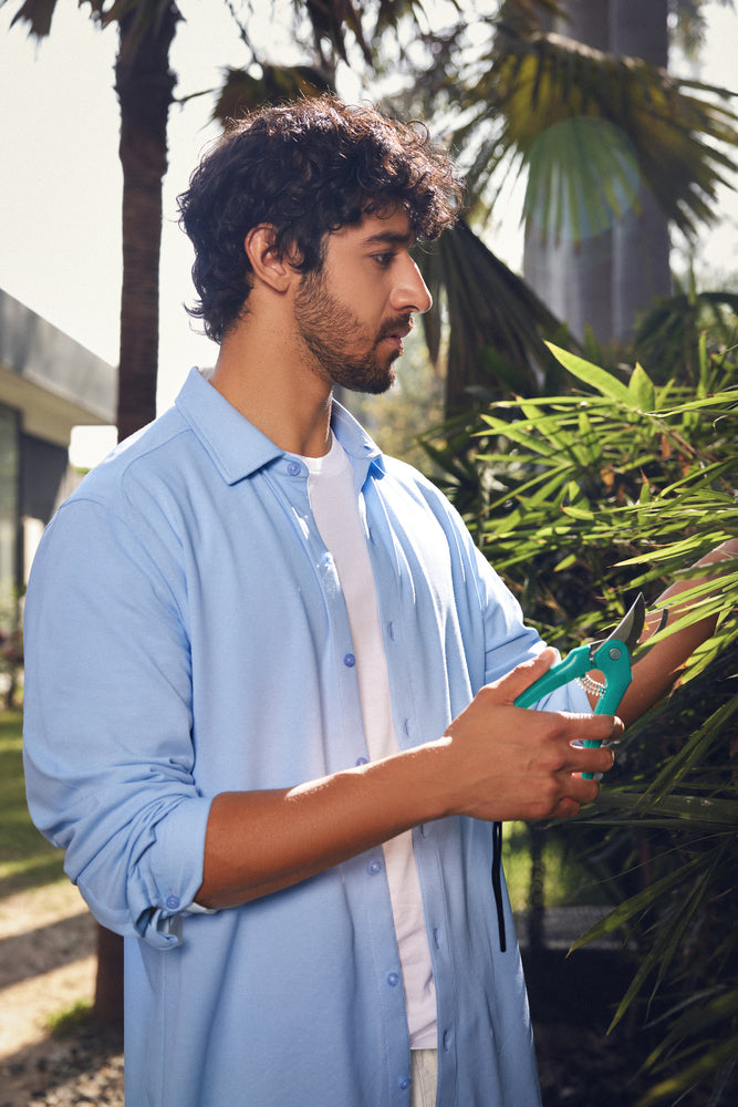 Knitique Men's All Day Full Sleeve Shirt - Regular Fit Cotton Rich Tri-Blend Fabric - Celeste Powder Blue