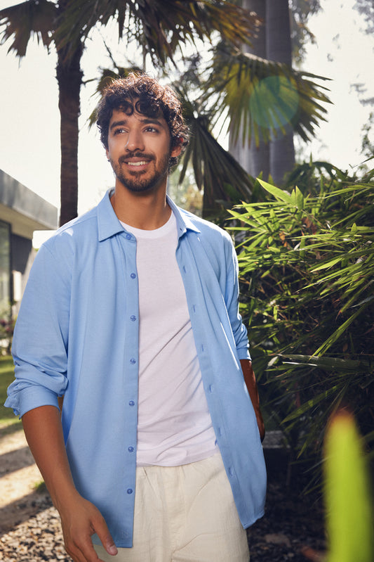 Knitique Men's All Day Full Sleeve Shirt - Regular Fit Cotton Rich Tri-Blend Fabric - Celeste Powder Blue