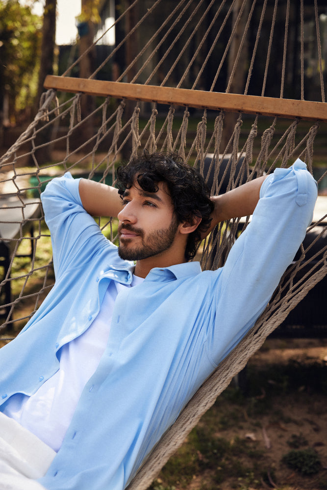 Knitique Men's All Day Full Sleeve Shirt - Regular Fit Cotton Rich Tri-Blend Fabric - Celeste Powder Blue