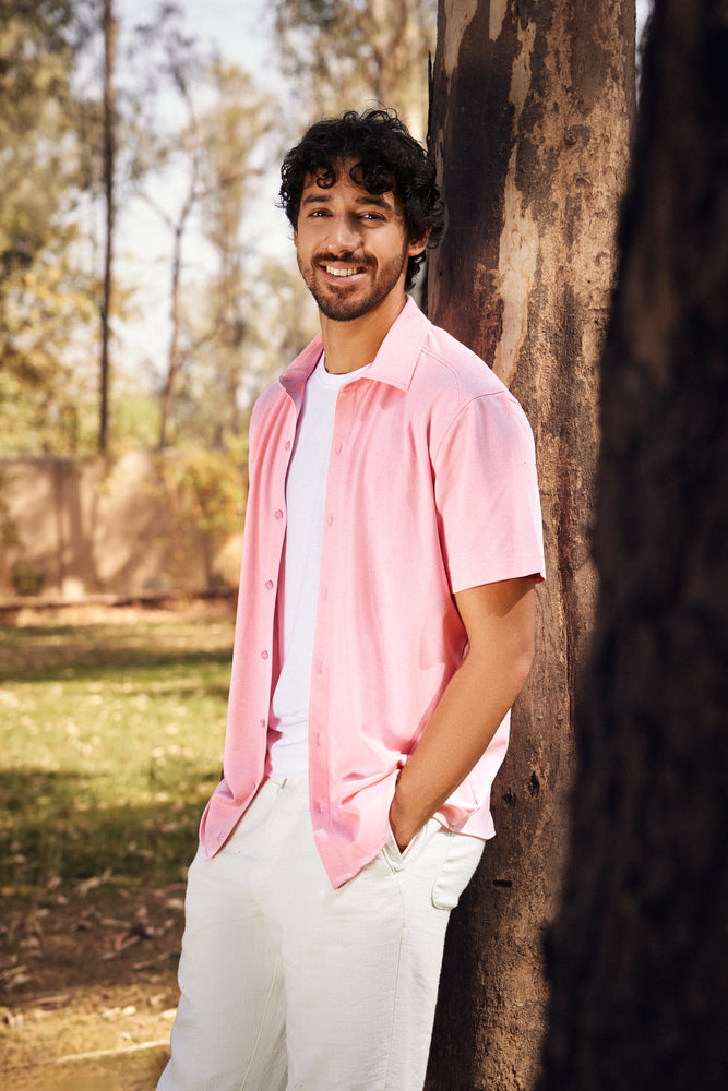 Knitique Men's All Day Half Sleeve Shirt - Regular Fit Cotton Rich Tri-Blend Fabric - Oyster Powder Pink