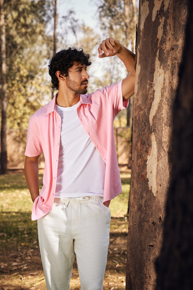 Knitique Men's All Day Half Sleeve Shirt - Regular Fit Cotton Rich Tri-Blend Fabric - Oyster Powder Pink